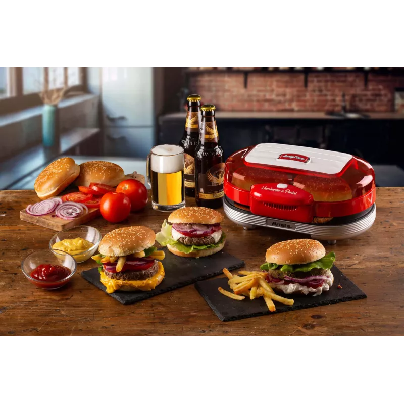 Ariete 205 Hamburger Maker Party Time, mėsainių gaminimo aparatas, 1200 W, dvigubos nelimpančios plokštės, 2 skyriai, lengvai valomas, raudonas
