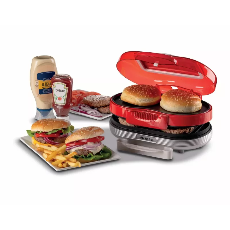 Ariete 205 Hamburger Maker Party Time, mėsainių gaminimo aparatas, 1200 W, dvigubos nelimpančios plokštės, 2 skyriai, lengvai valomas, raudonas