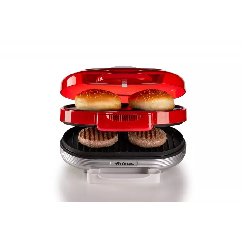 Ariete 205 Hamburger Maker Party Time, mėsainių gaminimo aparatas, 1200 W, dvigubos nelimpančios plokštės, 2 skyriai, lengvai valomas, raudonas