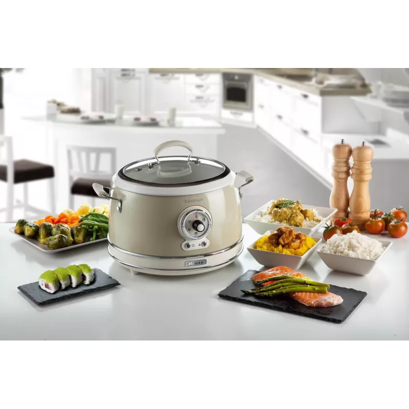 Ariete 2904 ryžių virimo aparatas – elektrinis ryžių virimo aparatas su keramikiniu dubeniu – naminiams sušiams – multivirimo aparatas – Vintage linija – 3,5 l – 650 W – smėlio spalvos