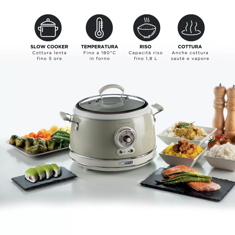 Ariete 2904 ryžių virimo aparatas – elektrinis ryžių virimo aparatas su keramikiniu dubeniu – naminiams sušiams – multivirimo aparatas – Vintage linija – 3,5 l – 650 W – smėlio spalvos
