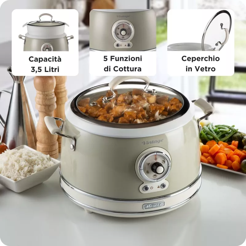 Ariete 2904 ryžių virimo aparatas – elektrinis ryžių virimo aparatas su keramikiniu dubeniu – naminiams sušiams – multivirimo aparatas – Vintage linija – 3,5 l – 650 W – smėlio spalvos