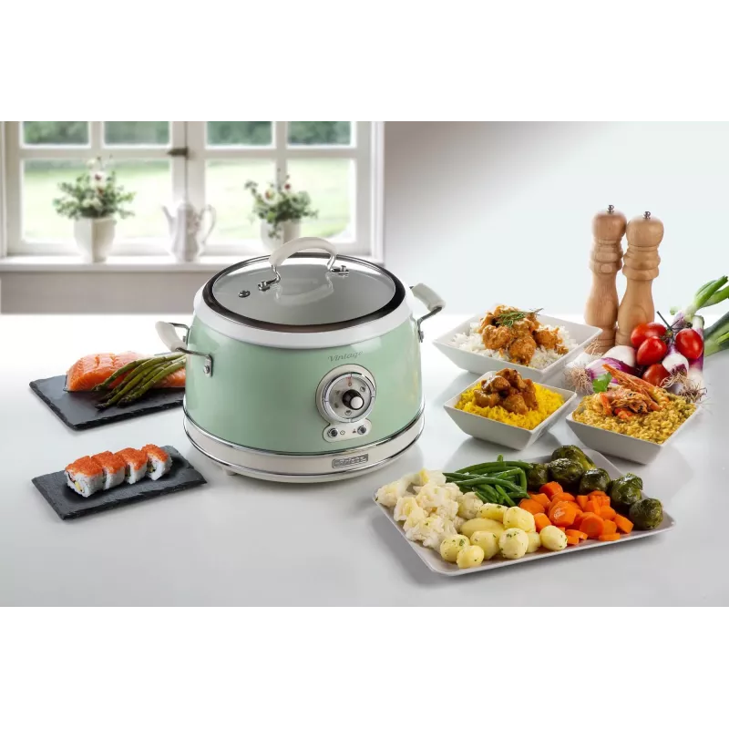 Ariete 2904 Ryžių viryklė - elektrinė ryžių viryklė su keramikiniu dubeniu - naminiai sušiai - multiviryklė - Vintage linija - 3,5 l - 650 W - žalia