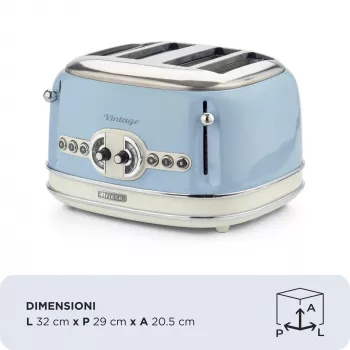 Ariete 156 4 plytelių vintage skrudintuvas, 1600 W, 6 skrudinimo lygiai, nerūdijantis plienas dažytas pasteline mėlyna spalva, be sumuštinių grotelių