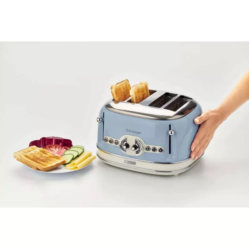 Ariete 156 4 plytelių vintage skrudintuvas, 1600 W, 6 skrudinimo lygiai, nerūdijantis plienas dažytas pasteline mėlyna spalva, be sumuštinių grotelių