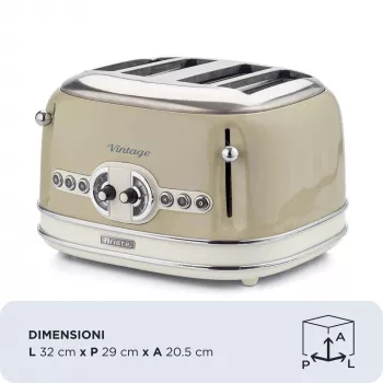 Ariete 156 4 plytelių vintage skrudintuvas, 1600 W, 6 skrudinimo lygiai, nerūdijantis plienas dažytas pasteline smėlio spalva, be sumuštinių narvelių