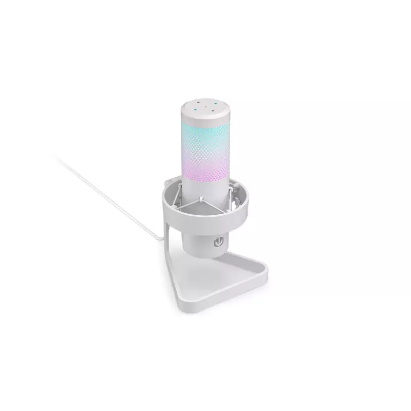 Mikrofonas PC ENDORFY AXIS Streaming White – USB, kardioidinis, 30–18 kHz, 192 kHz/24 bit, stalinis stovas, nutildymas, ausinių išvestis