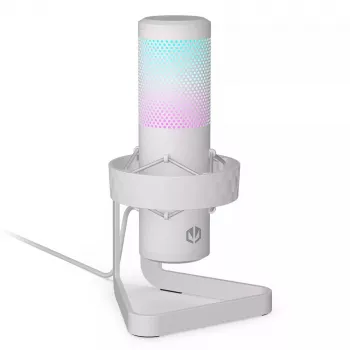 Mikrofonas PC ENDORFY AXIS Streaming White – USB, kardioidinis, 30–18 kHz, 192 kHz/24 bit, stalinis stovas, nutildymas, ausinių išvestis