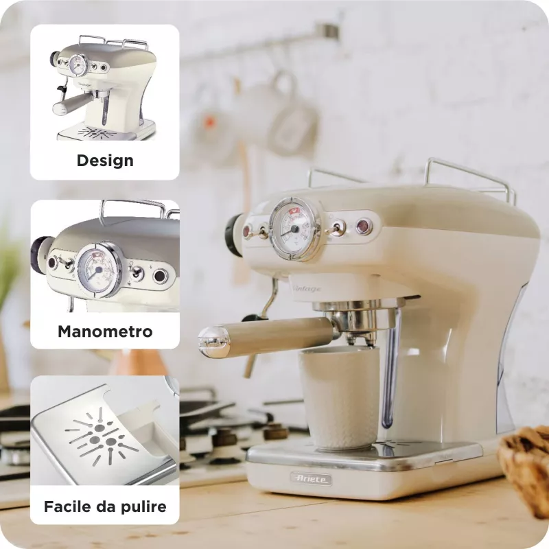 Ariete 1389 Vintage Espresso kavos aparatas - Espresso kavos aparatas maltai kavai arba ESE kapsulėms, pastelinės smėlio spalvos