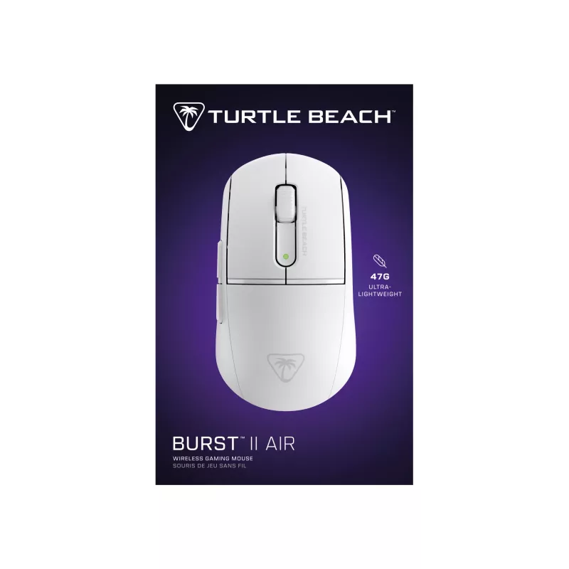 Turtle Beach Burst II Air White – 2,4 GHz belaidė žaidimų pelė: 47 g itin lengva, optiniai jungikliai, 26K DPI optinis jutiklis, „Bluetooth“, 120 h baterija