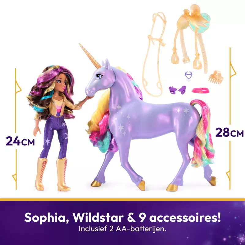 Unicorn Academy Sophia ir šviečiantis interaktyvus žaislinis vienaragis Wildstar su šviesomis, garsais ir muzika, lėlės ir vienaragiai mergaitėms nuo 4 metų