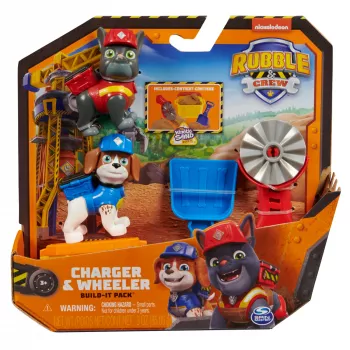 Rubble & Crew – Charger & Wheeler veikėjų figūrėlės su Kinetic Build-It smėliu ir 2 statybos įrankiais, PAW Patrol žaislai vaikams nuo 3 metų