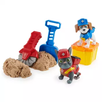 Rubble & Crew – Charger & Wheeler veikėjų figūrėlės su Kinetic Build-It smėliu ir 2 statybos įrankiais, PAW Patrol žaislai vaikams nuo 3 metų
