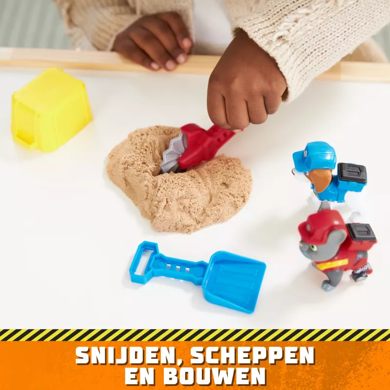 Rubble & Crew – Charger & Wheeler veikėjų figūrėlės su Kinetic Build-It smėliu ir 2 statybos įrankiais, PAW Patrol žaislai vaikams nuo 3 metų