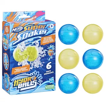 Vandens kamuoliai HASBRO Nerf Super Soaker Hydro Balls – įmontuota talpykla, 6 vnt., plastikas, mėlyna/geltona, nuo 6 m.