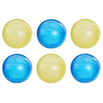 Vandens kamuoliai HASBRO Nerf Super Soaker Hydro Balls – įmontuota talpykla, 6 vnt., plastikas, mėlyna/geltona, nuo 6 m.
