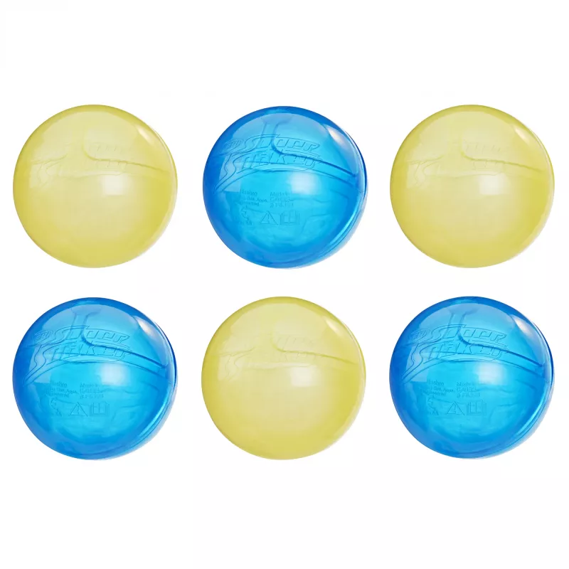 Vandens kamuoliai HASBRO Nerf Super Soaker Hydro Balls – įmontuota talpykla, 6 vnt., plastikas, mėlyna/geltona, nuo 6 m.