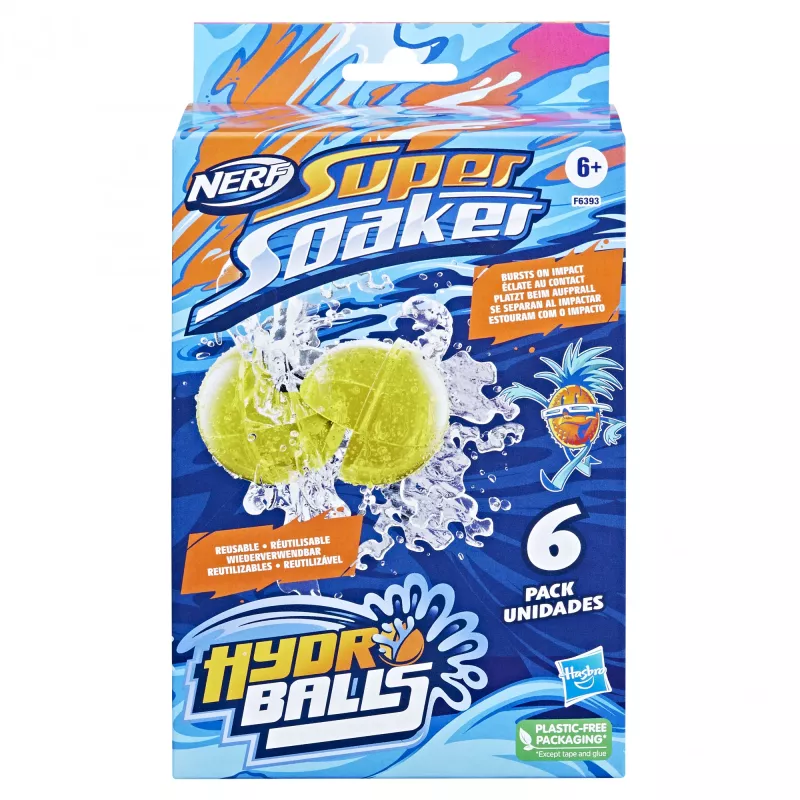 Vandens kamuoliai HASBRO Nerf Super Soaker Hydro Balls – įmontuota talpykla, 6 vnt., plastikas, mėlyna/geltona, nuo 6 m.