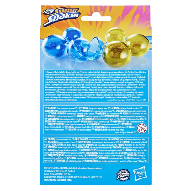 Vandens kamuoliai HASBRO Nerf Super Soaker Hydro Balls – įmontuota talpykla, 6 vnt., plastikas, mėlyna/geltona, nuo 6 m.