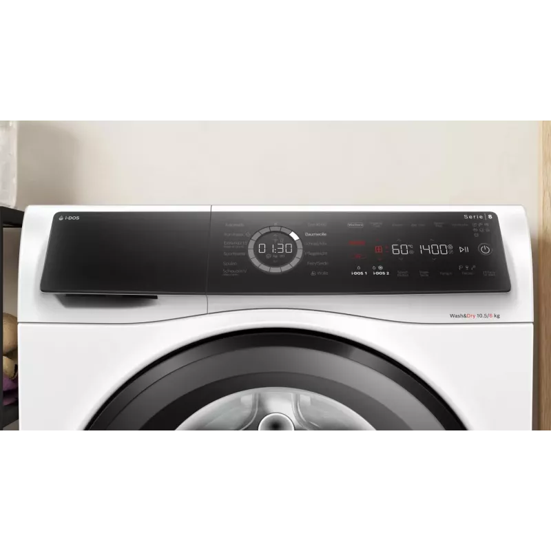 Bosch Serie 8 WNC254A40 skalbyklė su džiovykle, laisvai pastatoma, priekinio pakrovimo, balta
