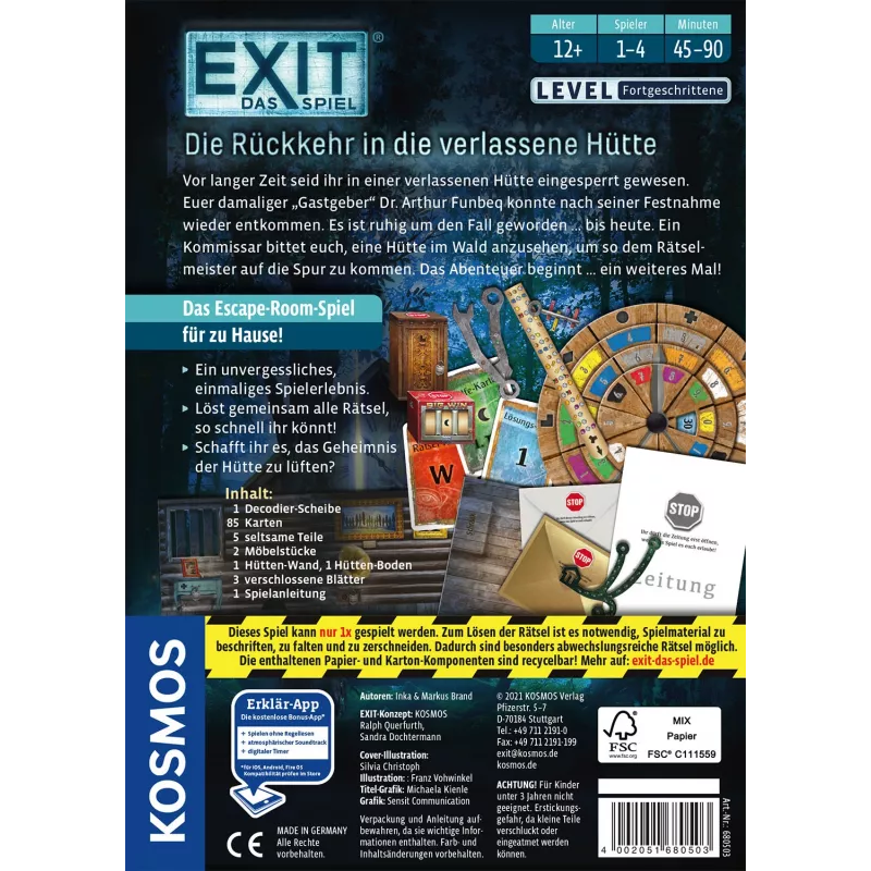 Kosmos EXIT - Die Rückkehr in die verlassene Hütte pabėgimo tipo stalo žaidimas, 1–4 žaidėjai, nuo 12 m., šeimos žaidimas