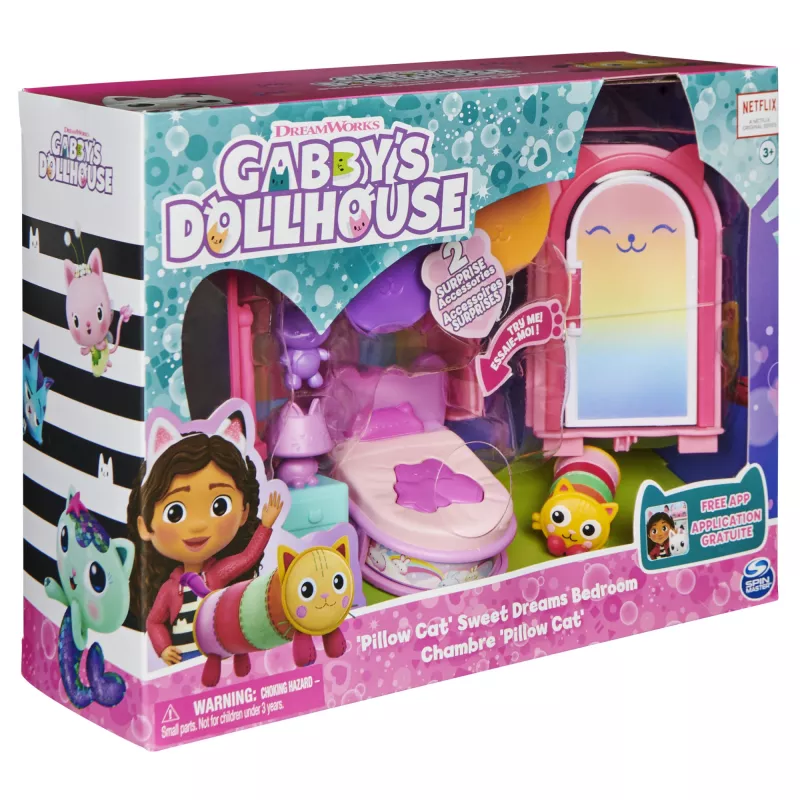 Gabby's Dollhouse „Saldžių sapnų miegamasis“ su Pillow Cat figūrėle, 3 aksesuarais, 3 baldais ir 2 siuntomis, žaislas vaikams nuo 3 metų