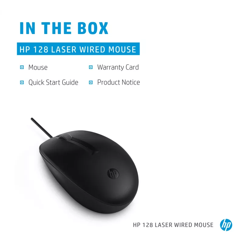 HP 128 laidinė lazerinė pelė, ambidekstrinė, lazerinė, USB-A, 1200 DPI, juoda