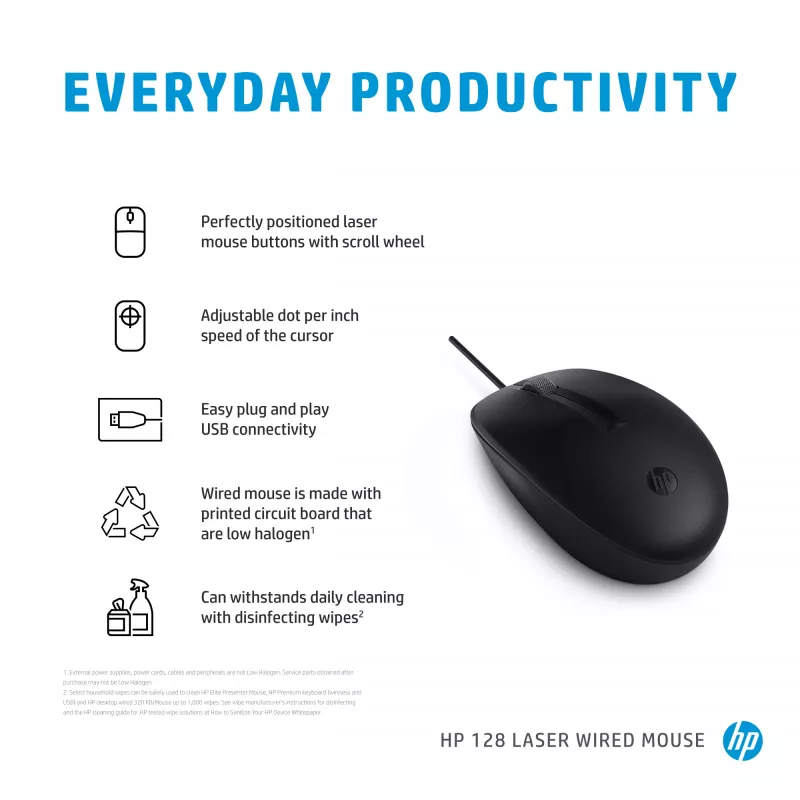 HP 128 laidinė lazerinė pelė, ambidekstrinė, lazerinė, USB-A, 1200 DPI, juoda