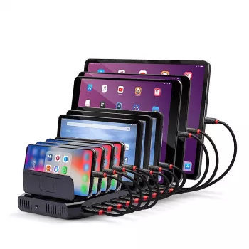 Lindy 96W 10 prievadų USB įkrovimo stotelė, laisvai pastatoma, plastikinė, juoda