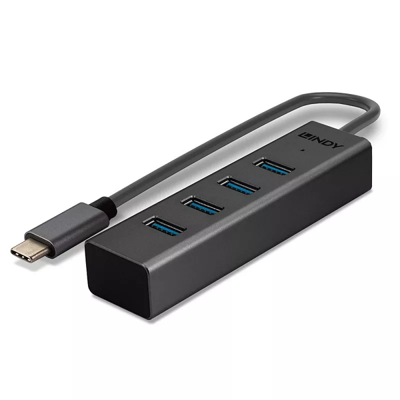 Lindy 43325 4 prievadų USB 3.2 Gen 1 Type-C šakotuvas, 4x USB-A, 5 Gbps, pilkas, aliuminis/plastikas