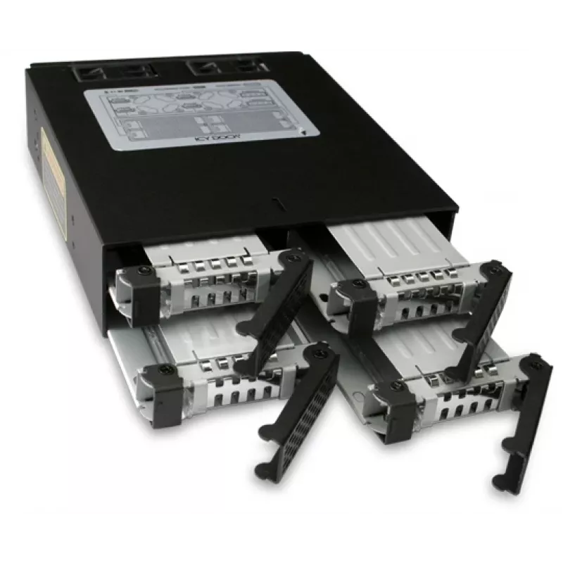 ICY DOCK ToughArmor MB994SP-4SB-1 4 vietų 2,5" SATA jungčių plokštė vidiniam 5,25" skyriui, be dėklų, aliuminio, 40 mm ventiliatorius, SATA 6 Gbit/s, juoda