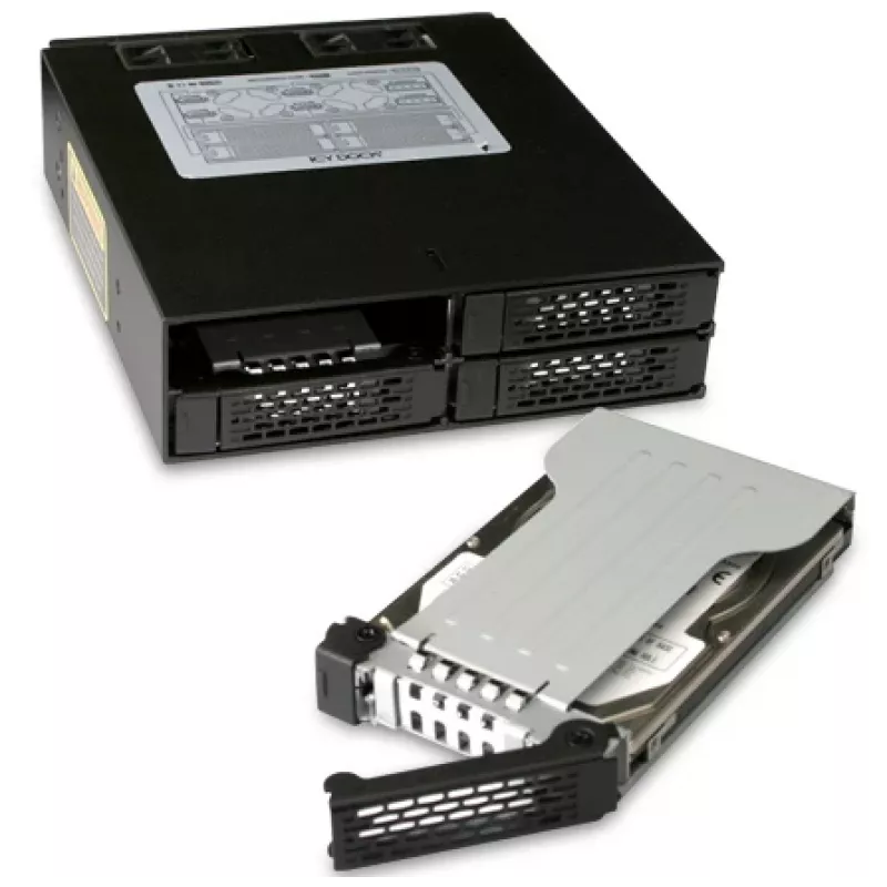 ICY DOCK ToughArmor MB994SP-4SB-1 4 vietų 2,5" SATA jungčių plokštė vidiniam 5,25" skyriui, be dėklų, aliuminio, 40 mm ventiliatorius, SATA 6 Gbit/s, juoda