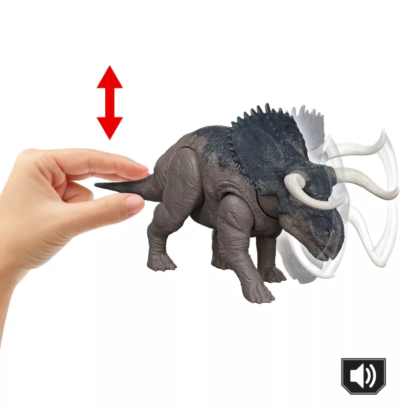 Žaislinis dinozauras Nasutoceratops su uodegos valdymu, garsu ir judesiais – Jurassic World Rebirth Wild Roar