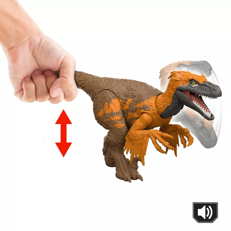 Mattel Jurassic World Rebirth Wild Roar Utahraptor dinozauras, uodegos valdomas ataka ir garsas