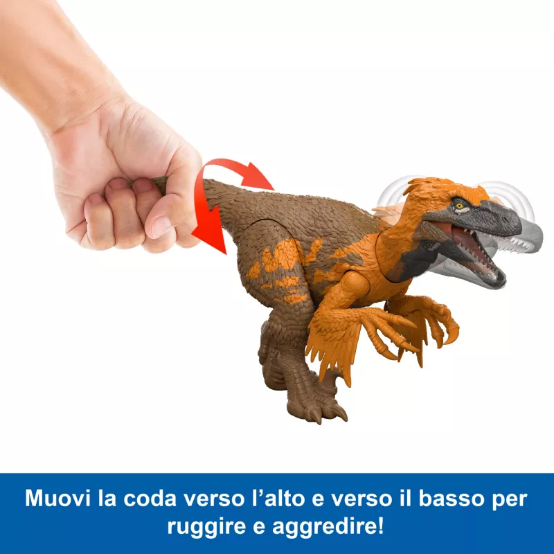 Mattel Jurassic World Rebirth Wild Roar Utahraptor dinozauras, uodegos valdomas ataka ir garsas