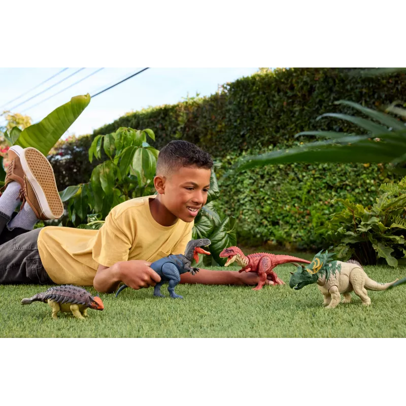 Mattel Jurassic World Rebirth Wild Roar Utahraptor dinozauras, uodegos valdomas ataka ir garsas
