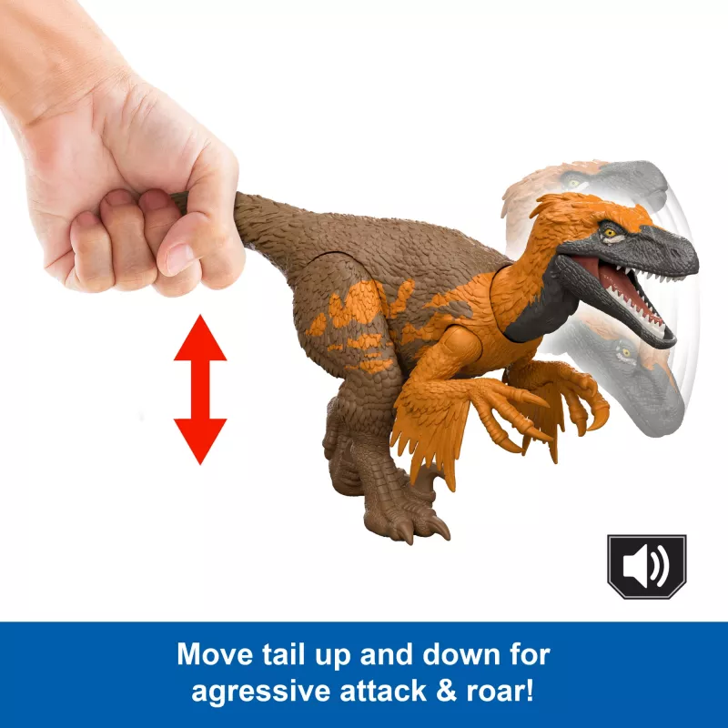 Mattel Jurassic World Rebirth Wild Roar Utahraptor dinozauras, uodegos valdomas ataka ir garsas