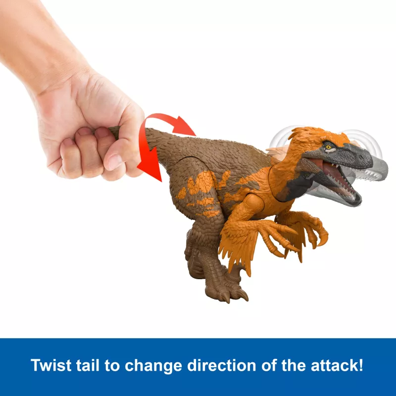 Mattel Jurassic World Rebirth Wild Roar Utahraptor dinozauras, uodegos valdomas ataka ir garsas