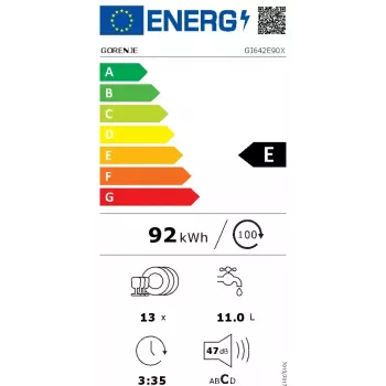Indaplovė Gorenje GI642E90X pusiau įmontuojama, 13 komplektų, 60 cm, 47 dB, 11 L/ciklas, energijos klasė E