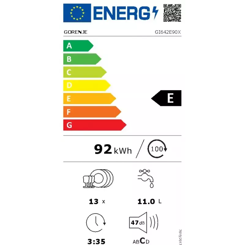 Indaplovė Gorenje GI642E90X pusiau įmontuojama, 13 komplektų, 60 cm, 47 dB, 11 L/ciklas, energijos klasė E