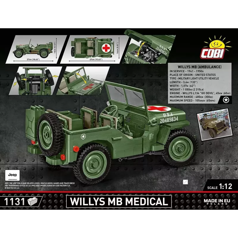 Cobi COBI-2806 Willys MB Medical kaladėlių rinkinys, 1131 vnt., serija Historical Collection, plastikinis, 10+