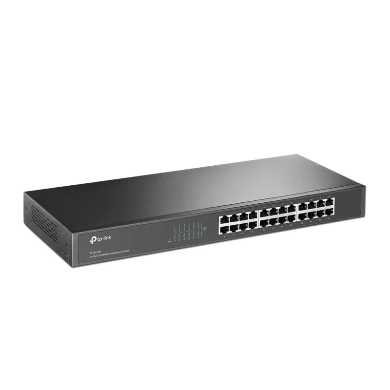 TP-Link 24 prievadų 10/100Mbps tinklo jungiklis, nevaldomas, Fast Ethernet, pilnas dupleksas, montuojamas į stelažą, 1U
