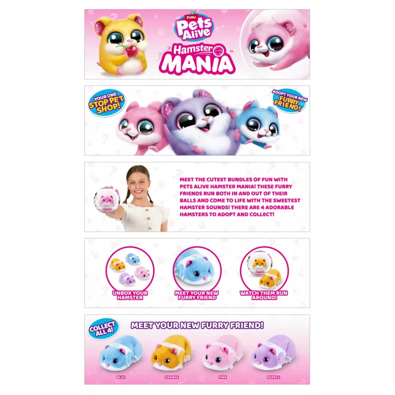 Interaktyvus žaislinis žiurkėnas Zuru Pets Alive Hamster Mania su kamuoliu, nuo 3 m., AAA