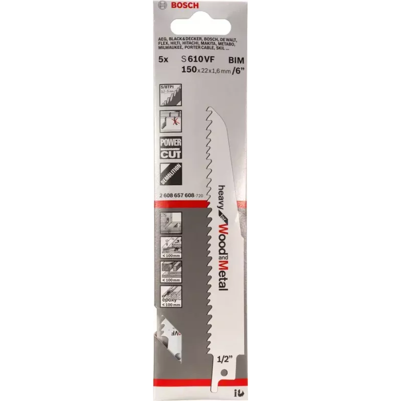 Pjūklo geležtė Bosch S 610 VF Heavy medžiui ir metalui 15 cm 5 TPI