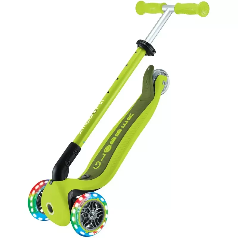 Paspirtukas GLOBBER Go-Up Active Lights — reguliuojamas aukštis, LED šviesos, žalsvai geltona