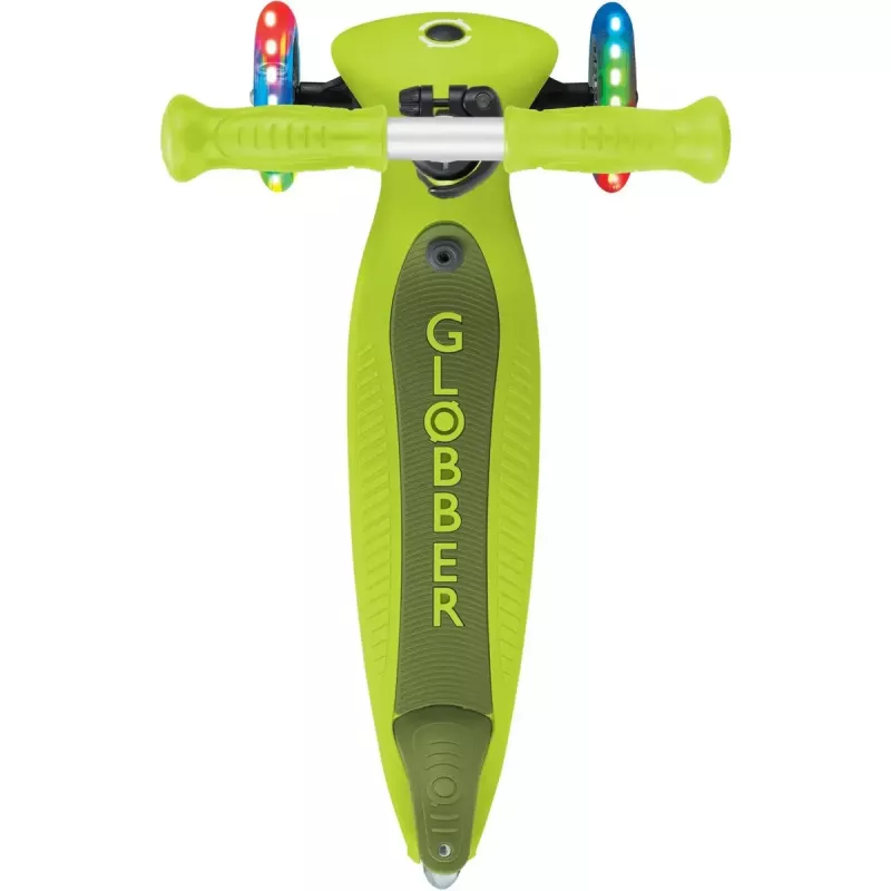 Paspirtukas GLOBBER Go-Up Active Lights — reguliuojamas aukštis, LED šviesos, žalsvai geltona
