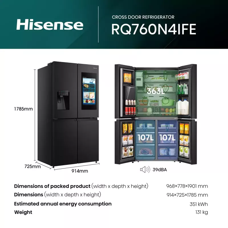 Šaldytuvas Hisense Cross door RQ760N4IFE – Laisvai pastatomas, daugiaduris, 577 L talpa, juodos spalvos