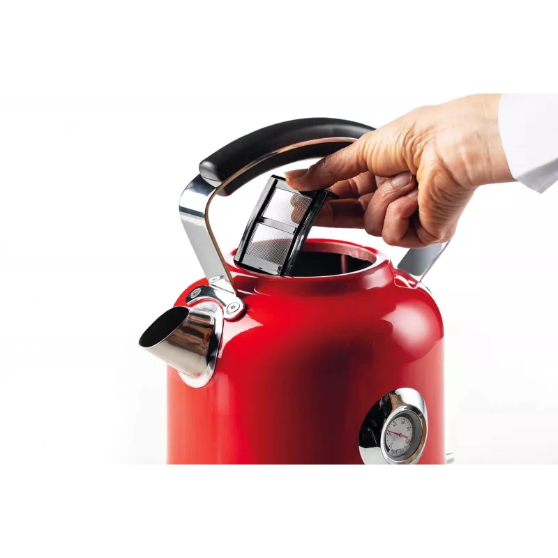 Ariete 2854 Moderna elektrinis virdulys, 2000 W, 1,7 L talpa, 360° belaidis, automatinis išsijungimas, išimamas filtras, matomas vandens lygis, termometras, raudonas
