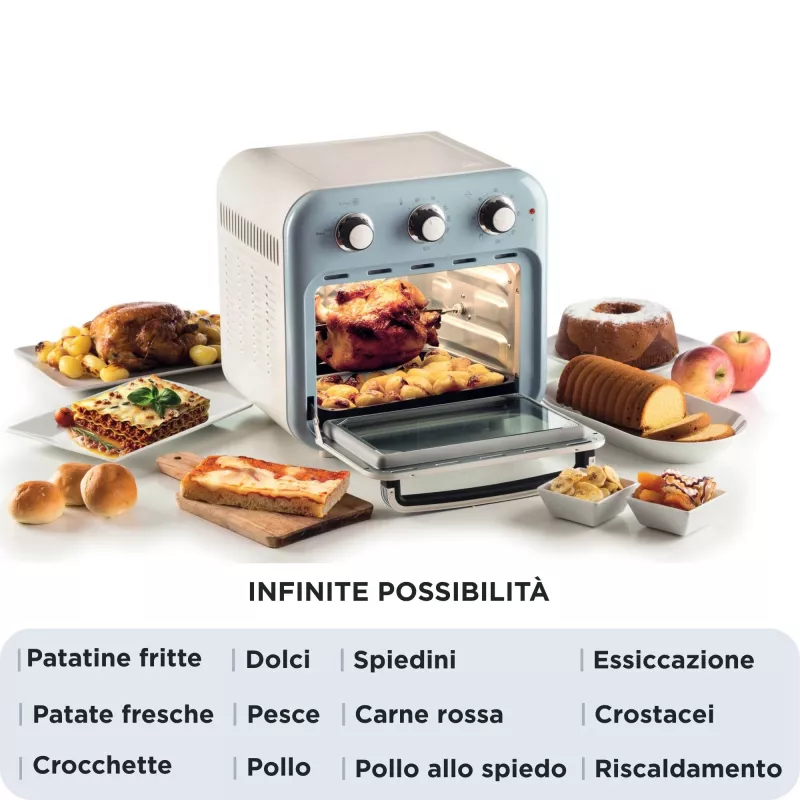 Ariete 4632 Oro gruzdintuvė ir orkaitė Vintage, 1400W, 2 viename, 16 l talpa, su priedais, laikmatis 60 min., dvigubas stiklas, mėlyna
