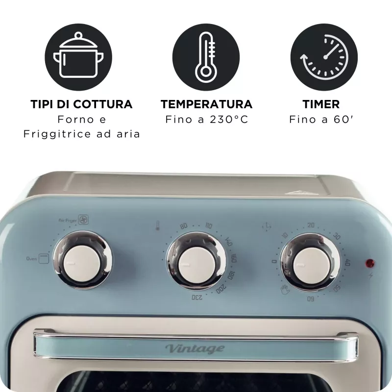 Ariete 4632 Oro gruzdintuvė ir orkaitė Vintage, 1400W, 2 viename, 16 l talpa, su priedais, laikmatis 60 min., dvigubas stiklas, mėlyna